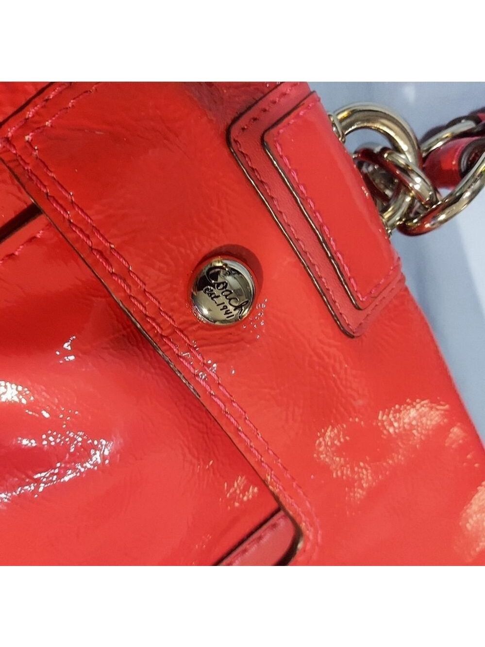 Coach Peyton Patent Leather Turnkey Satchel Carryall Coral handbag purse - Picture 4 of 12
